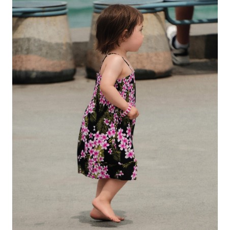 robe d'été enfant couleur noir motif imprimé petites fleurs rose