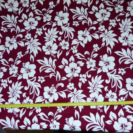 Tissu  fleuri rouge et noir hibiscus