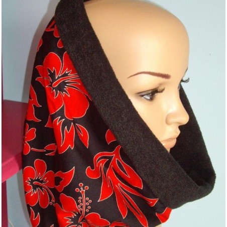 Tissu  fleuri rouge et noir hibiscus