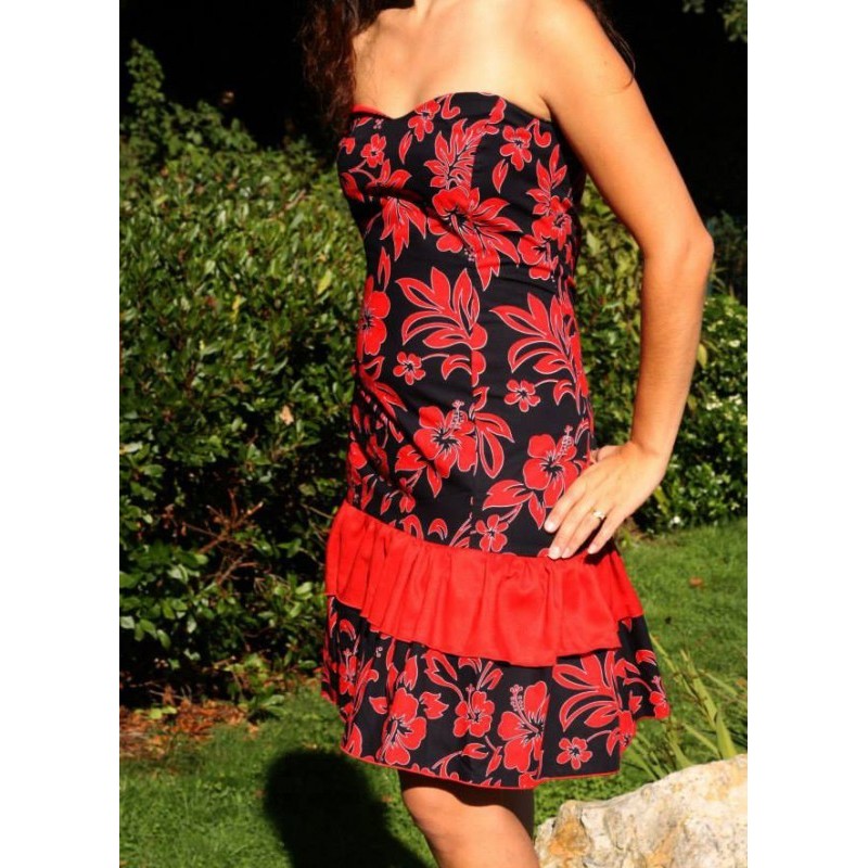 Tissu  fleuri rouge et noir hibiscus