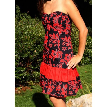 Tissu  fleuri rouge et noir hibiscus