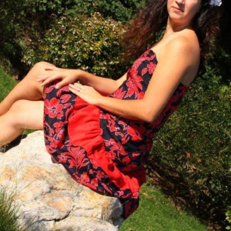 Tissu  fleuri rouge et noir hibiscus