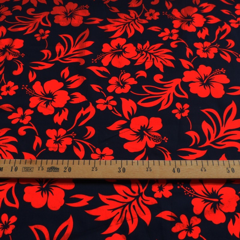 Tissu  fleuri rouge et noir hibiscus