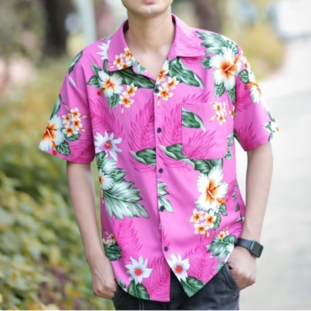 Chemisier hawaïen rose aux fleurs exotiques