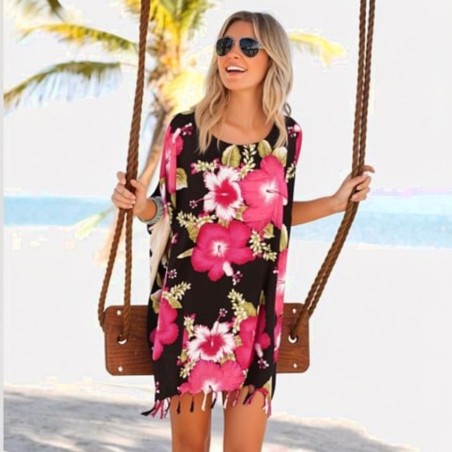 Tunique Noir bouquet d'hibiscus