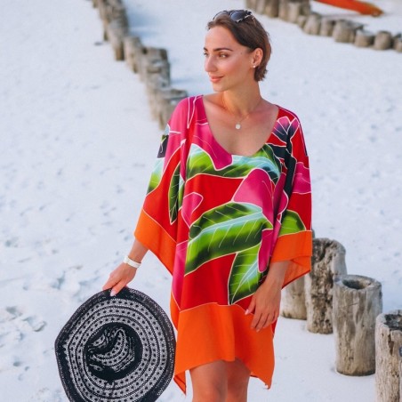 Tunique couleur orange et rouge motifs hibiscus