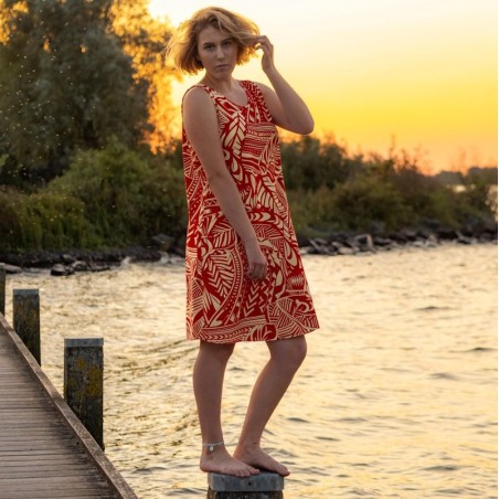 Robe tunique grande taille rouge et crème tatouage rahi