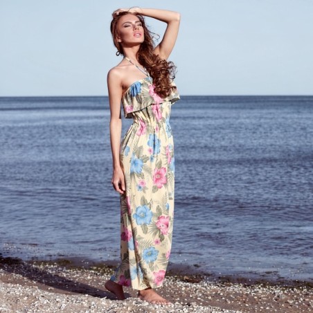 Robe longue volant poitrine jaune Hibiscus