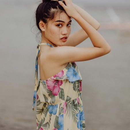 Robe longue volant poitrine jaune Hibiscus