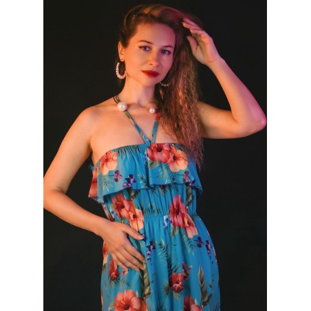 Robe longue volant poitrine bleu Hibiscus