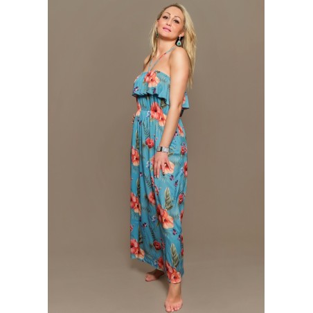 Robe longue volant poitrine bleu Hibiscus