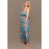 Robe longue volant poitrine bleu Hibiscus