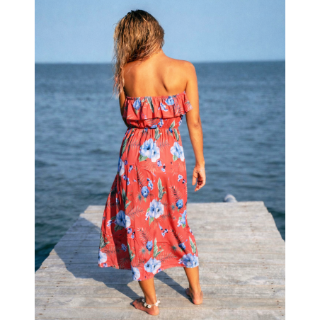 Robe longue volant poitrine rouge Hibiscus