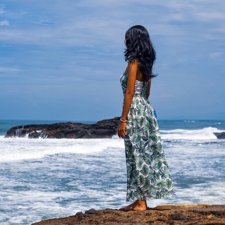 Robe longue volant poitrine multifeuillage vert