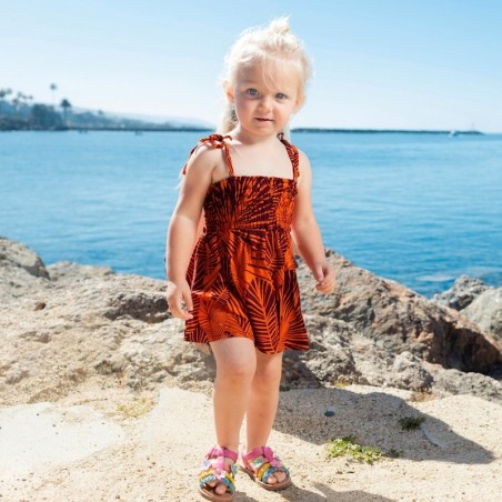 robe enfant rouge feuillage tropical stylisé