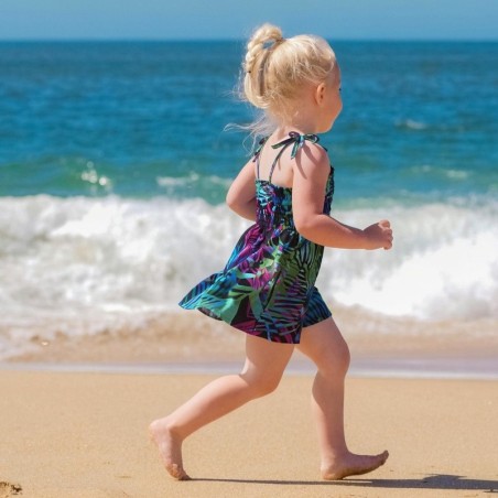 robe enfant couleur violet et vert motifs feuiillage tropical