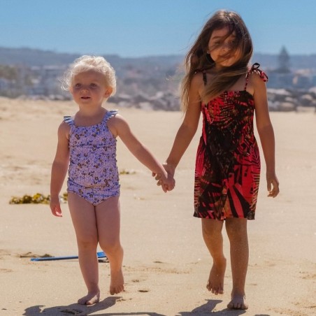 robe enfant couleur rouge  motifs feuiillage tropical