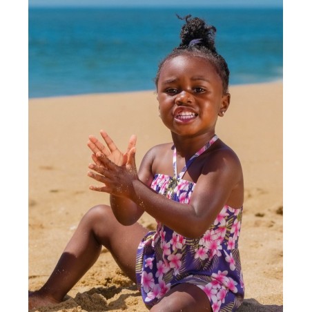 robe d'été enfant couleur violette motif imprimé petites fleurs rose