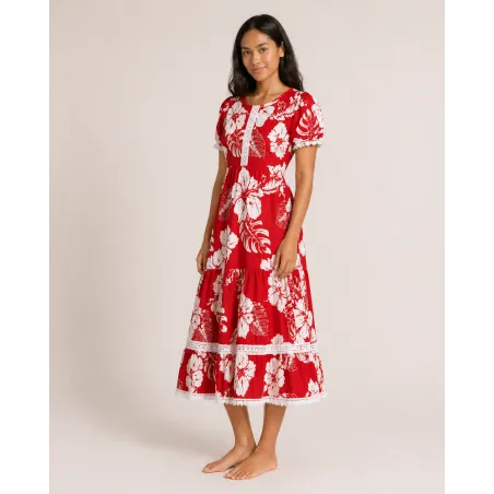 Robe tahitienne rouge hibiscus – Fait main avec dentelle et dos élastique