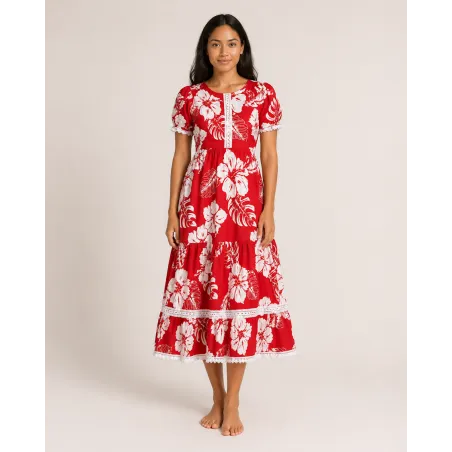 Robe tahitienne rouge hibiscus – Fait main avec dentelle et dos élastique