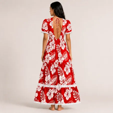 Robe tahitienne rouge hibiscus – Fait main avec dentelle et dos élastique
