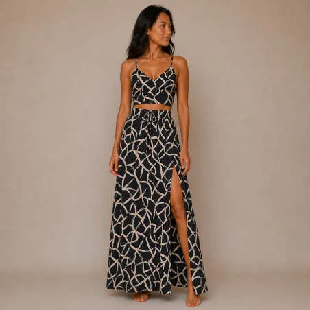 Ensemble Jupe Longue et Top Bohème Chic Noir  | Style Tahitien Femme