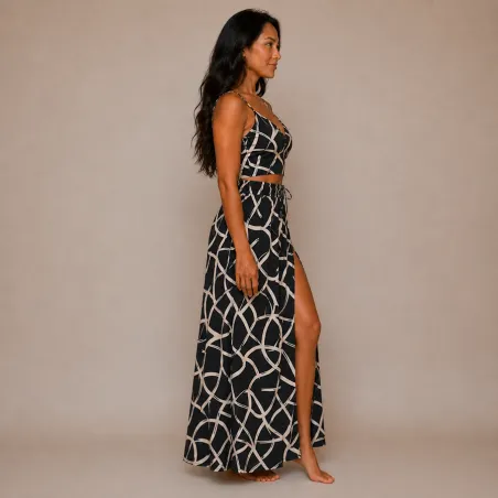 Ensemble Jupe Longue et Top Bohème Chic Noir  | Style Tahitien Femme