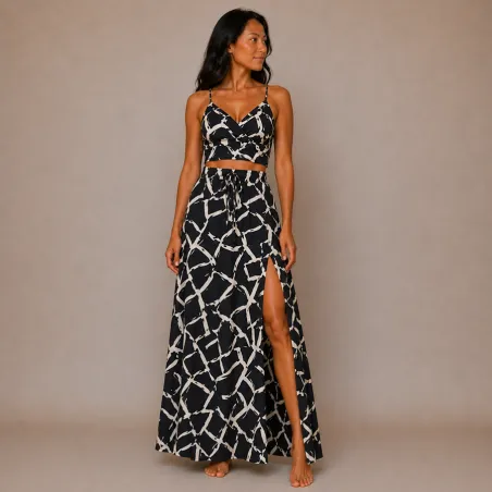 Ensemble Jupe Longue et Top Bohème Chic Noir | Style Tahitien Femme