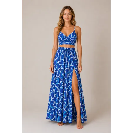 Ensemble Jupe Longue et Top Bohème Chic Bleu | Style Tahitien Femme