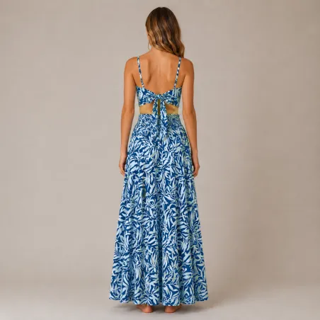 Ensemble Jupe Longue et Top tahitian Bohème motif feuillage  Bleu | Style Tahitien Femme