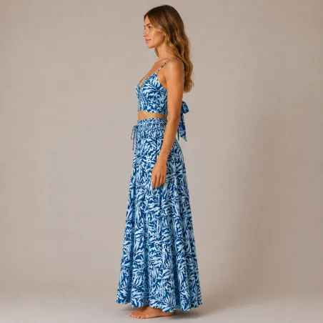 Ensemble Jupe Longue et Top tahitian Bohème motif feuillage  Bleu | Style Tahitien Femme