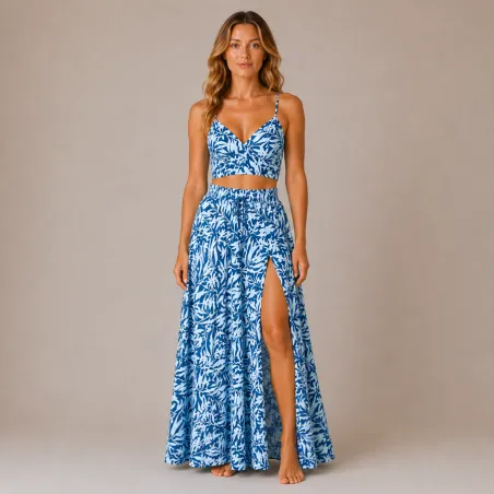 Ensemble Jupe Longue et Top tahitian Bohème motif feuillage Bleu | Style Tahitien Femme