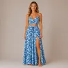 Ensemble Jupe Longue et Top tahitian Bohème motif feuillage  Bleu | Style Tahitien Femme