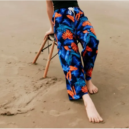 Pantalon de plage Noir et bleu motifs feuillage