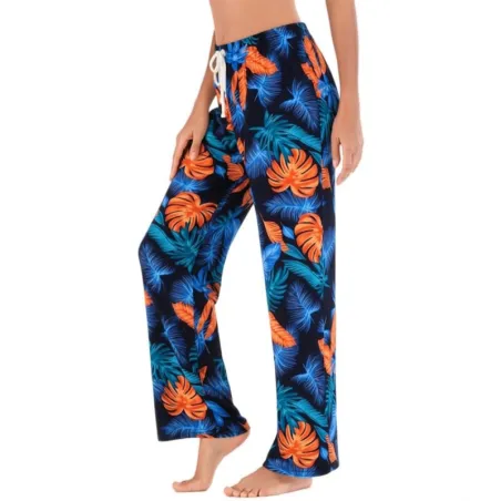 Pantalon de plage Noir et bleu motifs feuillage