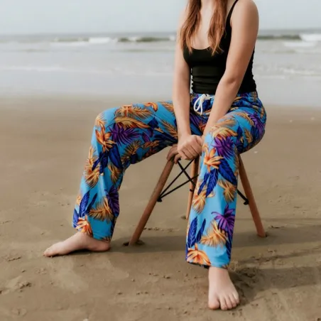 Pantalon de plage turquoise motifs feuillage