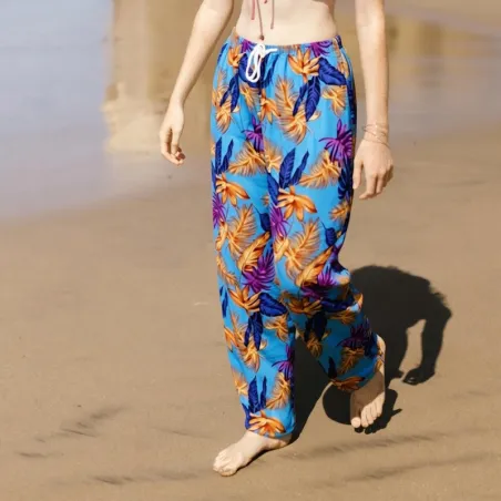 Pantalon de plage turquoise motifs feuillage
