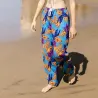 Pantalon de plage turquoise motifs feuillage