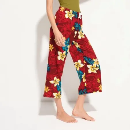 Pantalon de plage rouge motif tatouage et frangipane