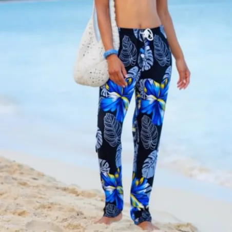 Pantalon de plage Noir aux motifs imprimés fleurs hibiscus bleu