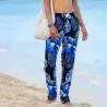 Pantalon de plage Noir aux motifs imprimés fleurs hibiscus bleu