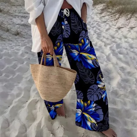 Pantalon de plage Noir aux motifs imprimés fleurs hibiscus bleu