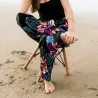Pantalon de plage Noir aux motifs imprimés fleurs hibiscus violet