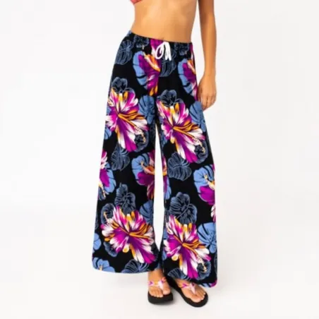 Pantalon de plage Noir aux motifs imprimés fleurs hibiscus violet
