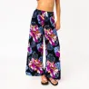 Pantalon de plage Noir aux motifs imprimés fleurs hibiscus violet