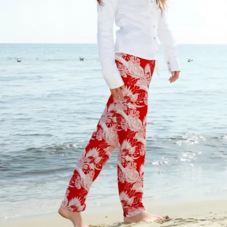 Pantalon de plage rouge aux motifs tropicaux
