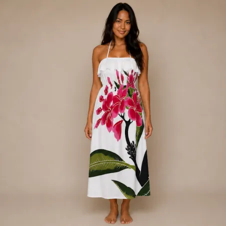 Robe blanche  volant poitrine frangipanes sur branche
