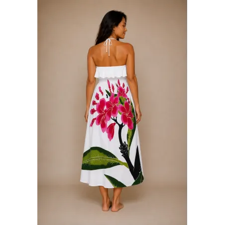 Robe blanche  volant poitrine frangipanes sur branche