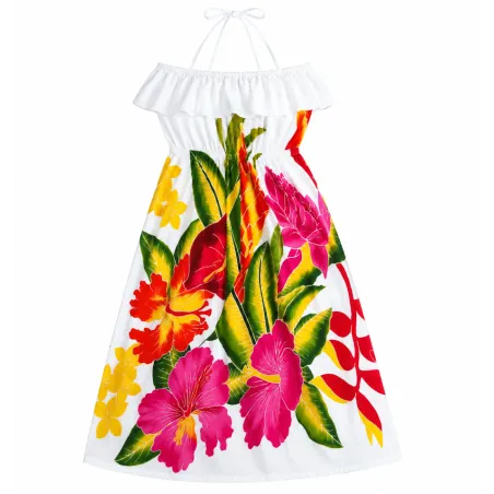 Robe blanche  volant poitrine bouquet de fleurs