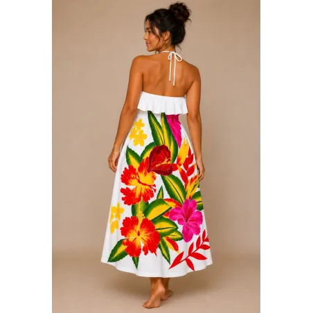 Robe blanche  volant poitrine bouquet de fleurs